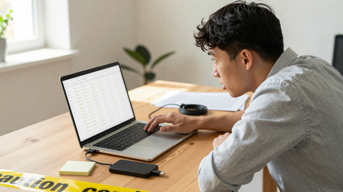 Homem concentrado a trabalhar num computador portátil numa mesa de madeira com acessórios de escritório.