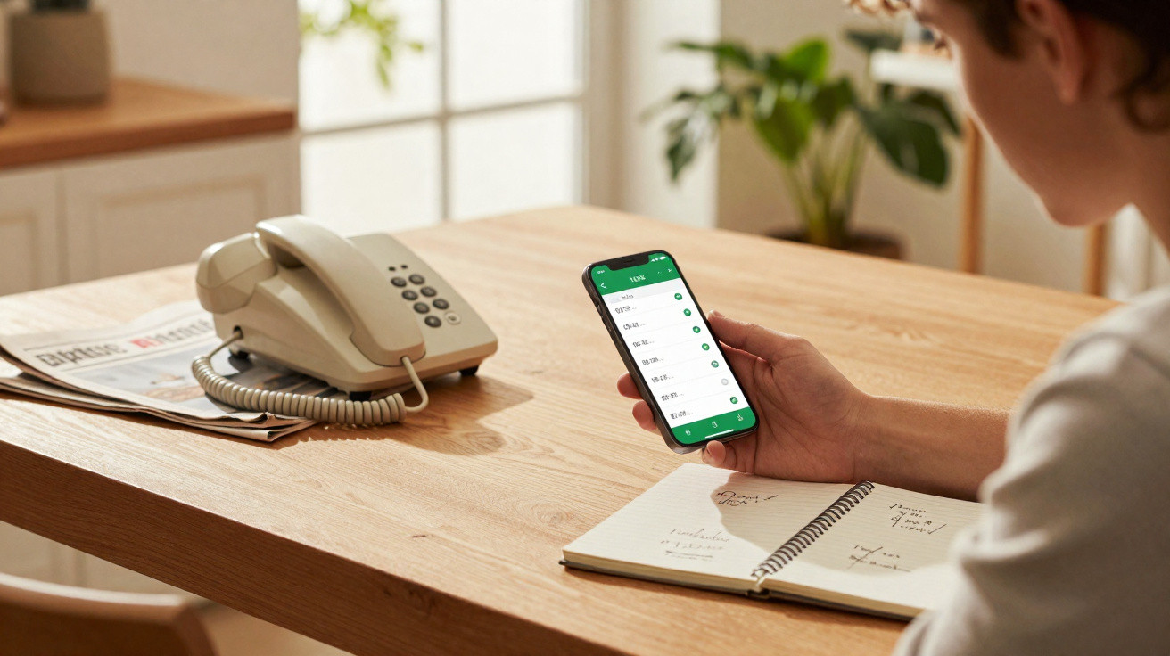 Pessoa segura telemóvel com aplicação aberta, mesa de madeira com telefone fixo, jornais e caderno de notas.