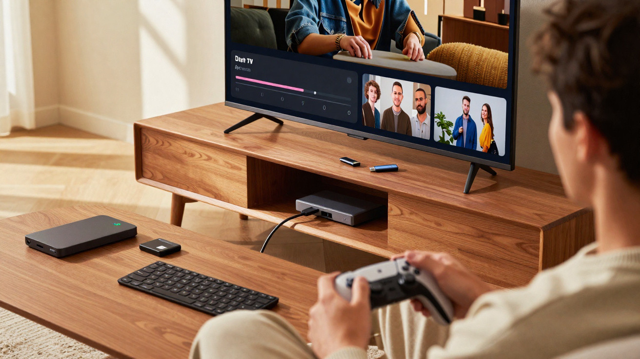 Pessoa sentada a jogar videojogos com comando, com TV e dispositivos eletrónicos numa sala confortável.