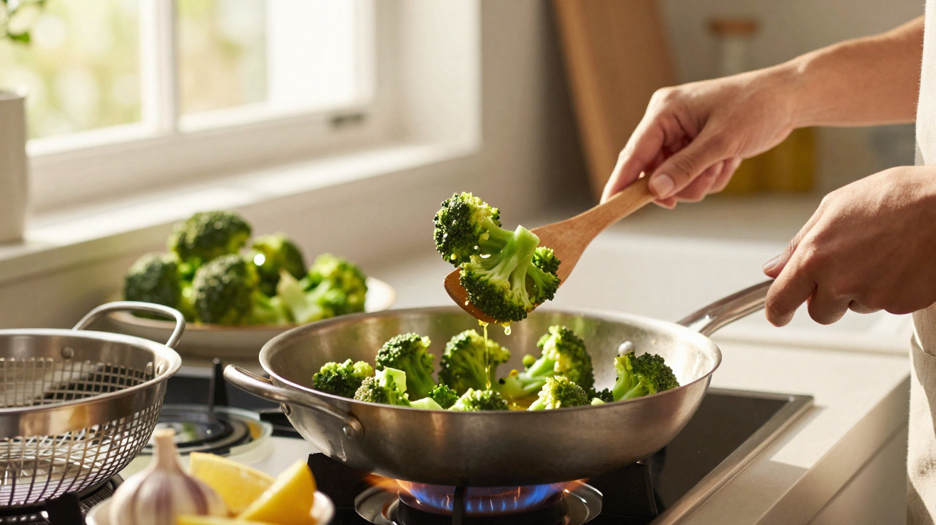 Pessoa a cozinhar brócolos numa frigideira numa cozinha com luz natural.