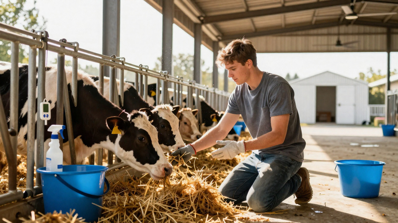 Jovem a alimentar vacas num estábulo com palha, rodeado de baldes azuis e ambiente iluminado.