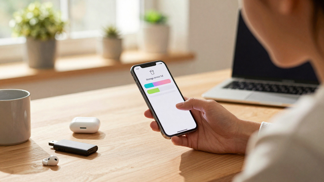 Pessoa a segurar um smartphone com gráfico de consumo de energia, mesa com auriculares e portátil ao fundo.