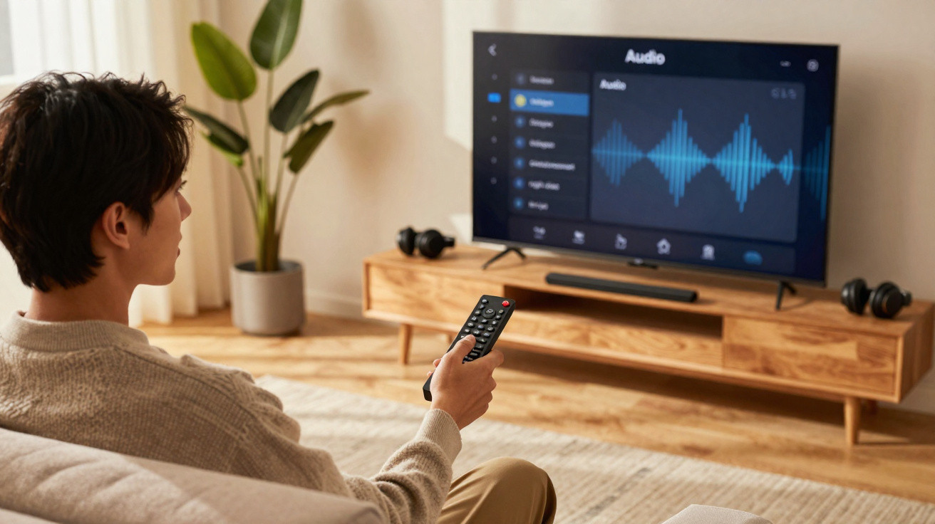 Pessoa sentada no sofá a controlar o som da televisão com comando remoto numa sala moderna.