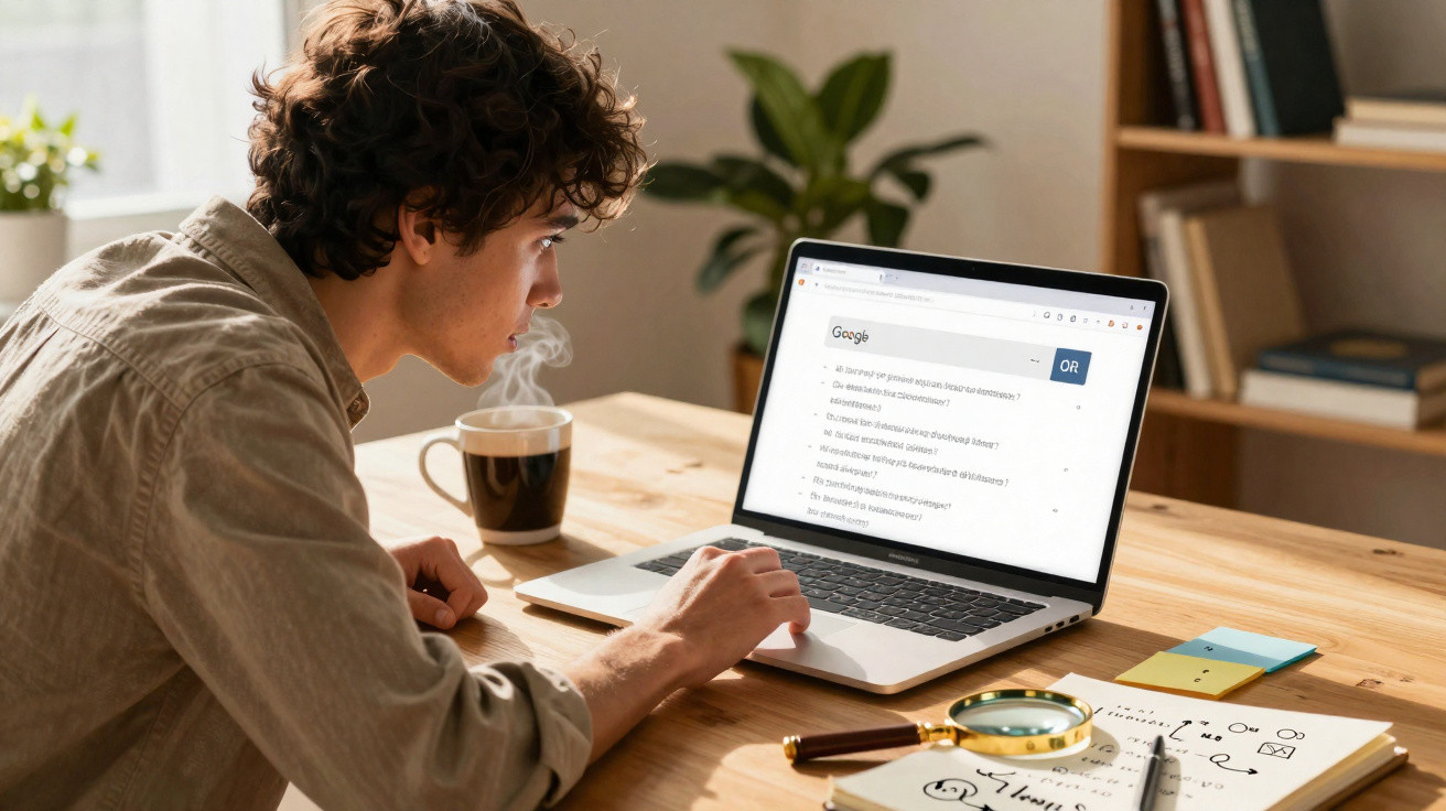 Jovem sentado a usar portátil numa mesa com café, bloco de notas e lupa, num ambiente de estudo ou trabalho.