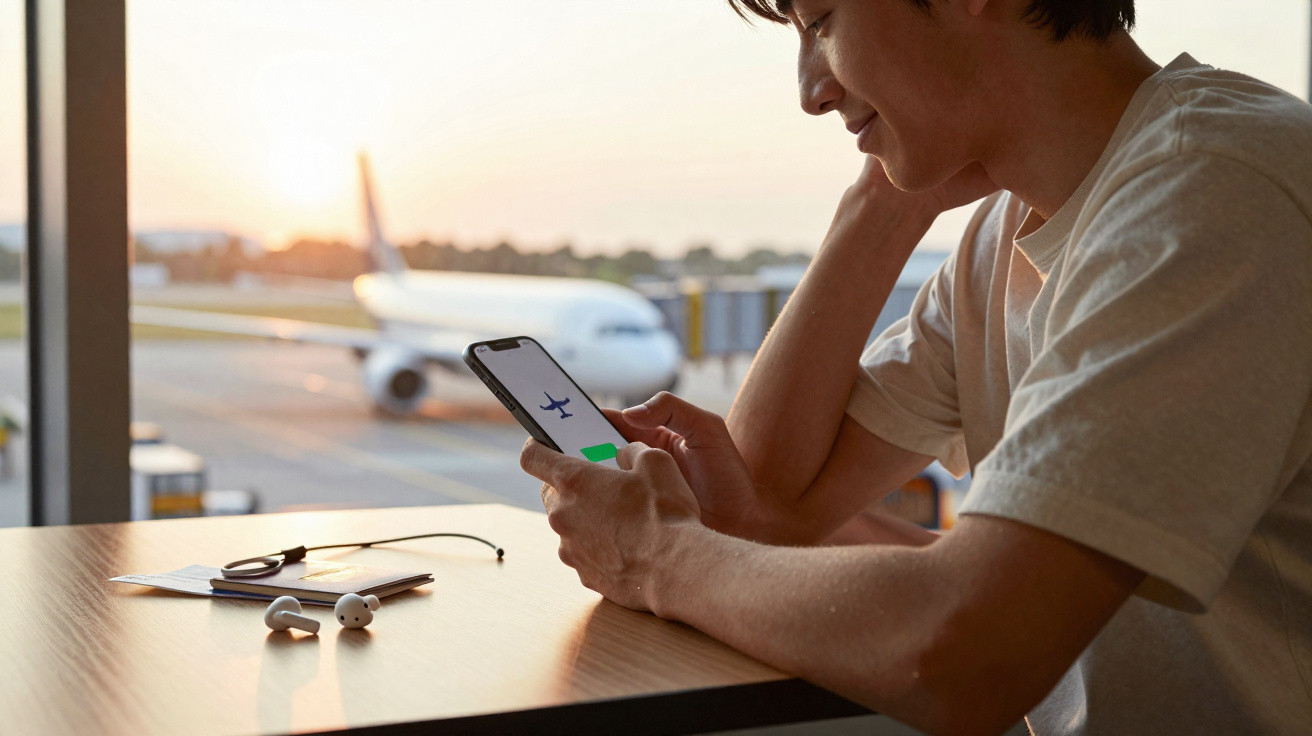 Homem sentado junto à janela do aeroporto a usar telemóvel com avião e fones na mesa.