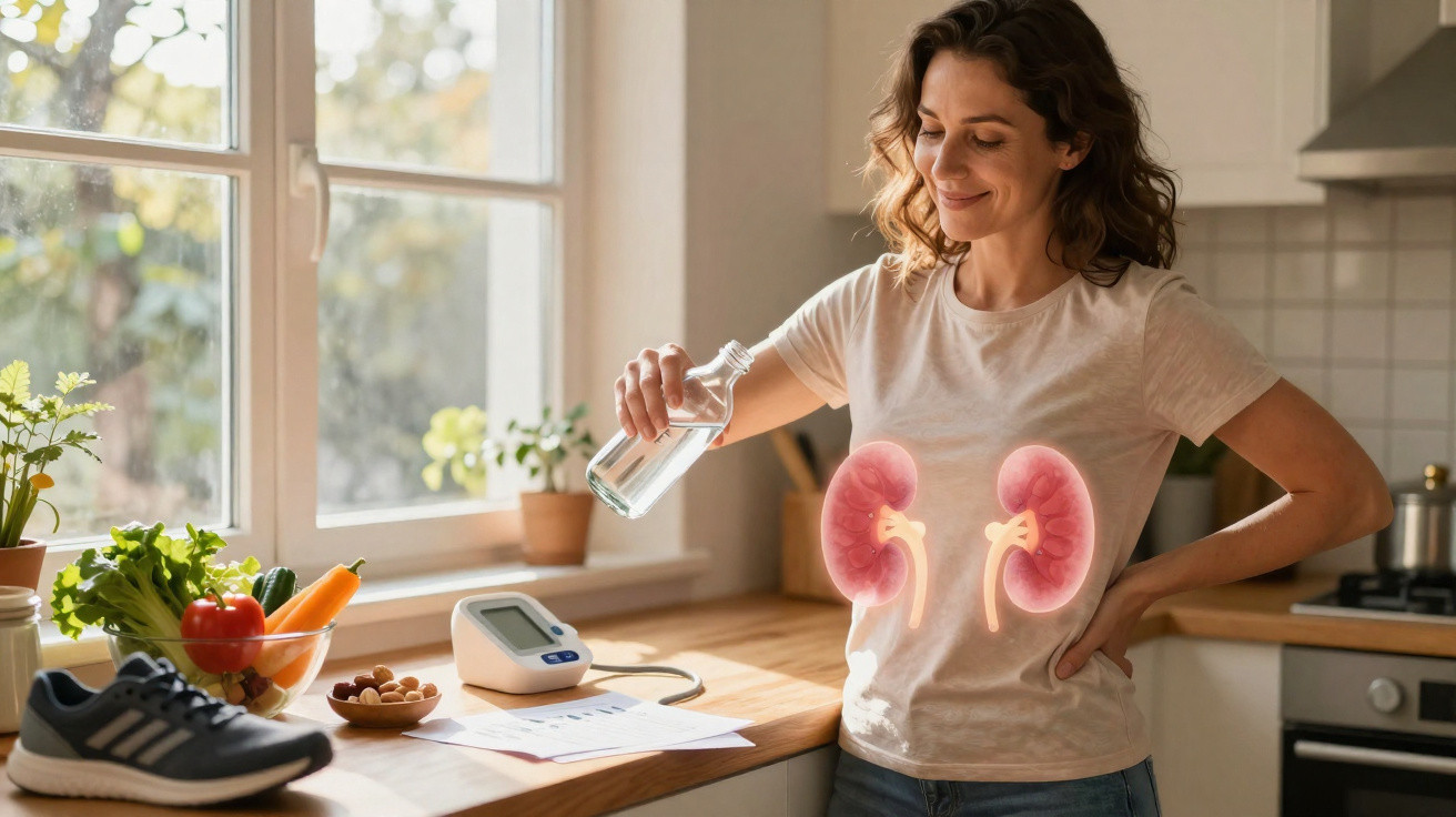 Mulher a hidratar-se na cozinha, com ilustração de rins visível sobre a sua camisa.