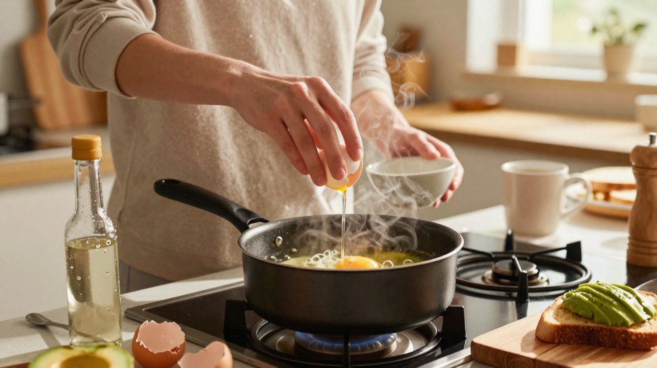Pessoa a partir um ovo numa frigideira a cozinhar no fogão a gás numa cozinha iluminada.