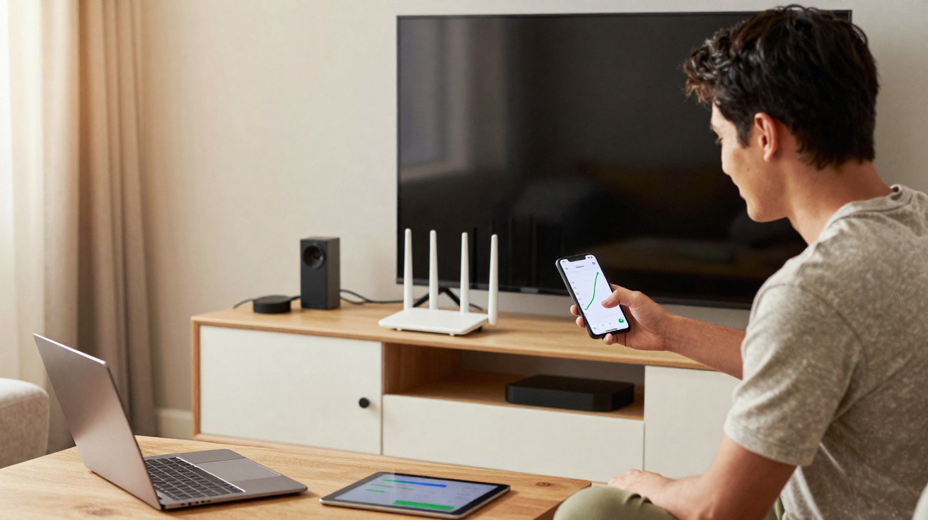 Homem a controlar a internet em casa com smartphone, tablet e laptop numa sala moderna e luminosa.