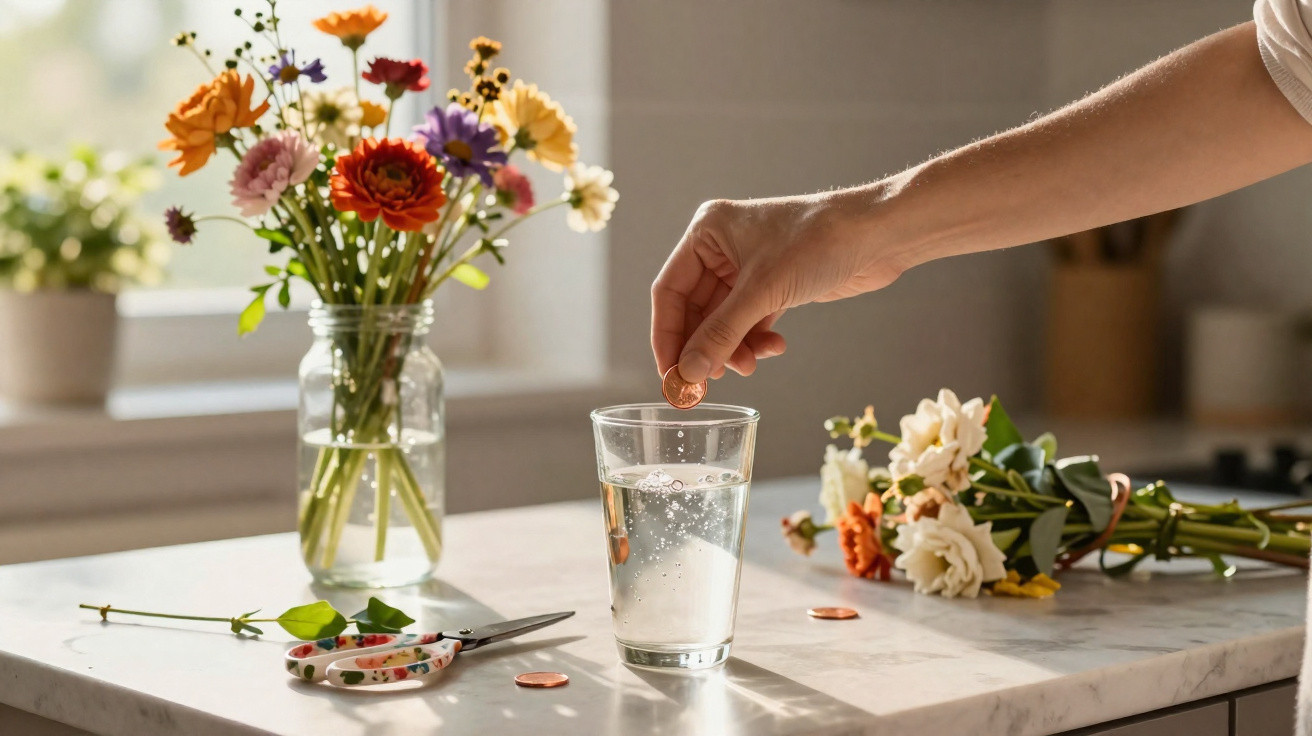 Mão a colocar pastilha efervescente num copo de água numa mesa com flores e tesoura.