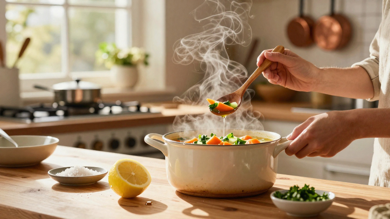 Pessoa a servir sopa fumegante com legumes numa tacho na cozinha com luz natural.
