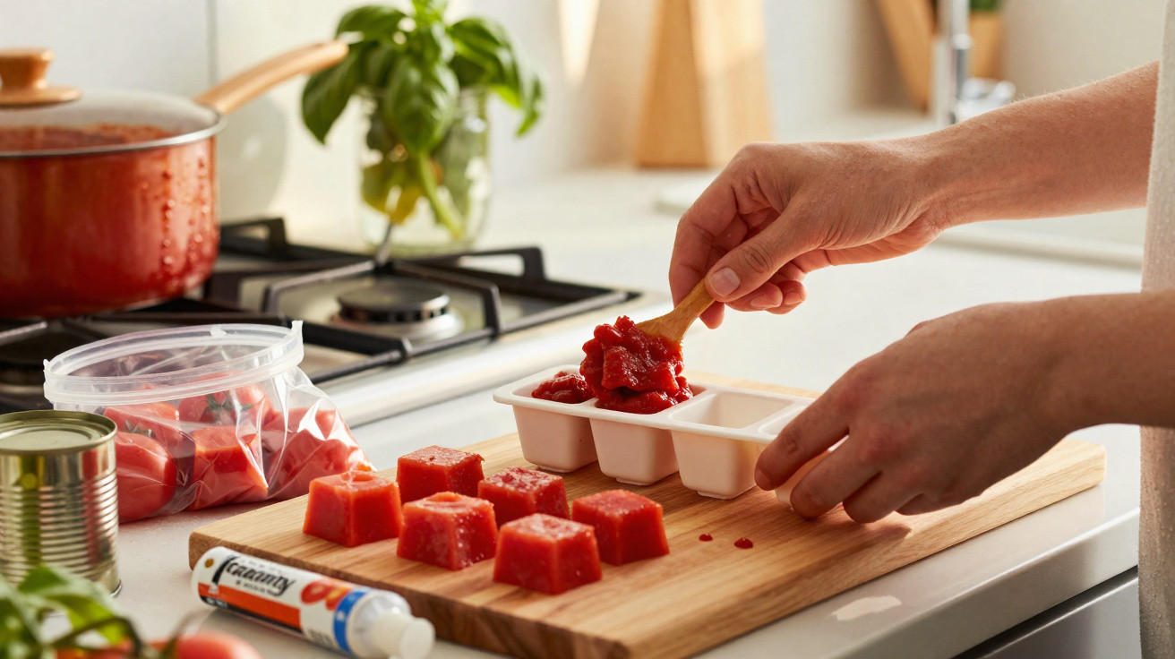 Mãos a colocar polpa de tomate em bandeja de cubos na cozinha com tábua, panela e legumes.