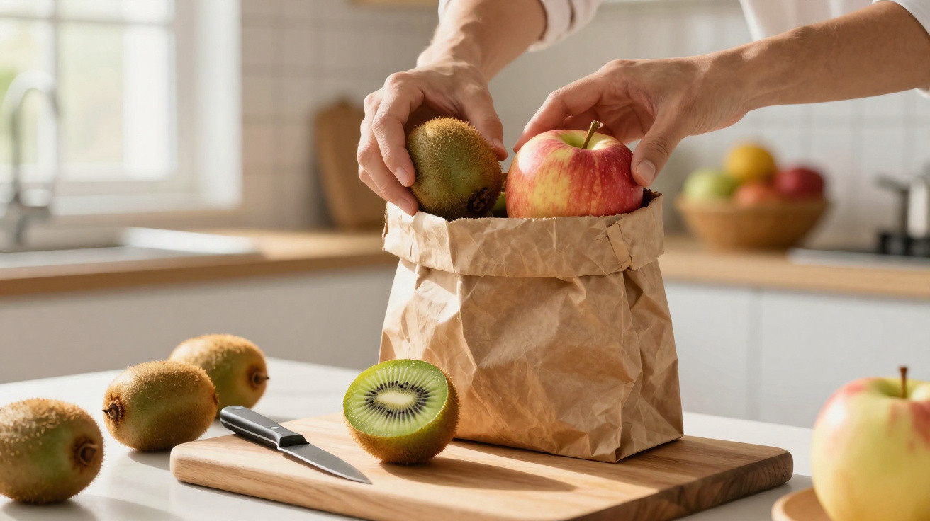 Mãos a colocar maçã e kiwi em saco de papel numa cozinha, com mais kiwis e uma faca na tábua de madeira.