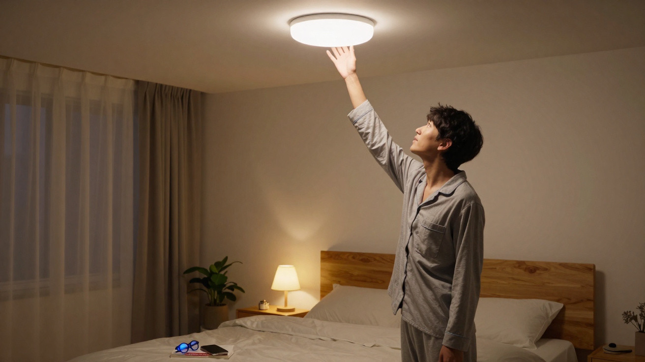 Homem de pijama acende candeeiro de teto numa quarto iluminado à noite.