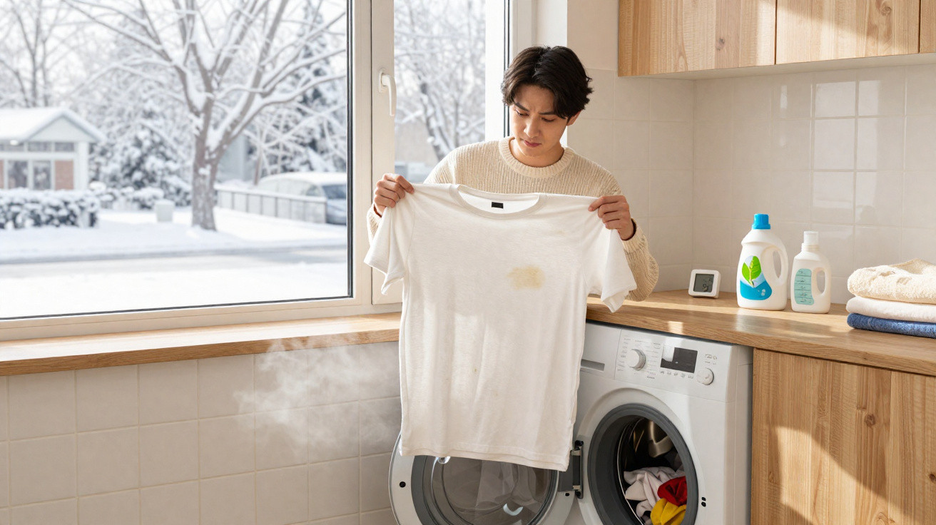 Pessoa a observar uma mancha numa t-shirt branca na lavandaria com máquina de lavar e janela com neve no exterior.