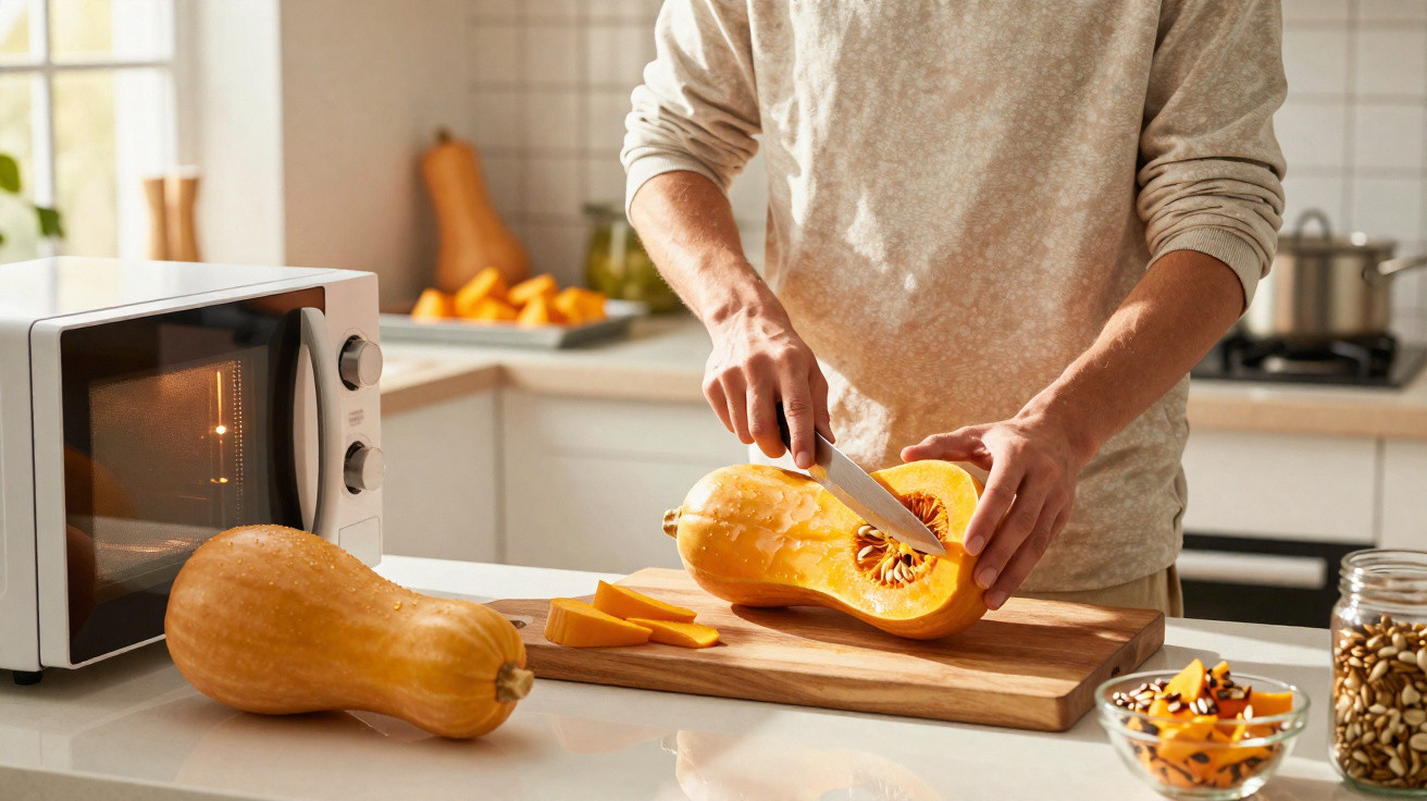 Pessoa a cortar abóbora numa tábua de madeira numa cozinha moderna com micro-ondas e sementes.