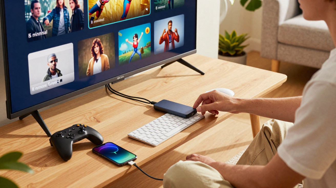 Pessoa sentada numa mesa de madeira a interagir com dispositivo ligado a televisão e smartphone, com comando de videojogos ao