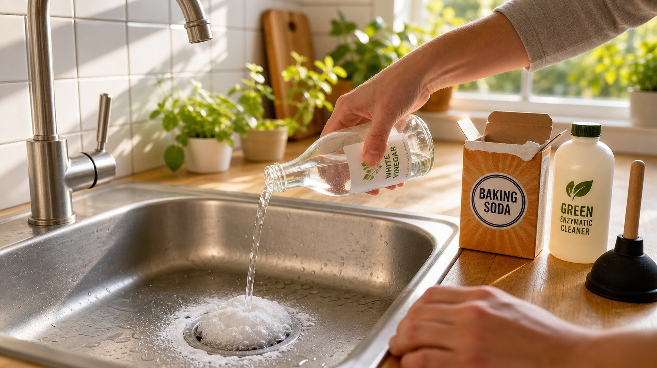 Pessoa a despejar vinagre branco numa pia de cozinha com bicarbonato e produtos de limpeza ecológicos ao lado.