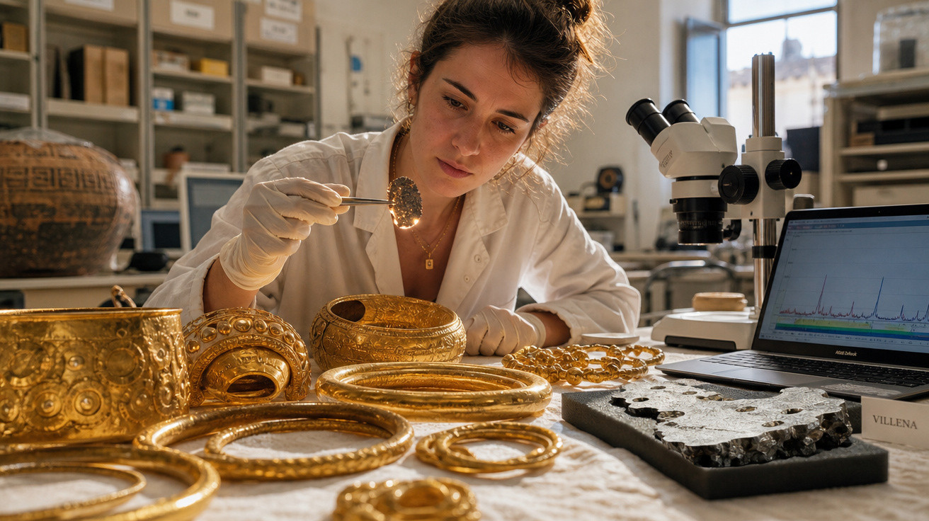 Mulher a analisar joias antigas douradas numa mesa de laboratório com lupa e computador.