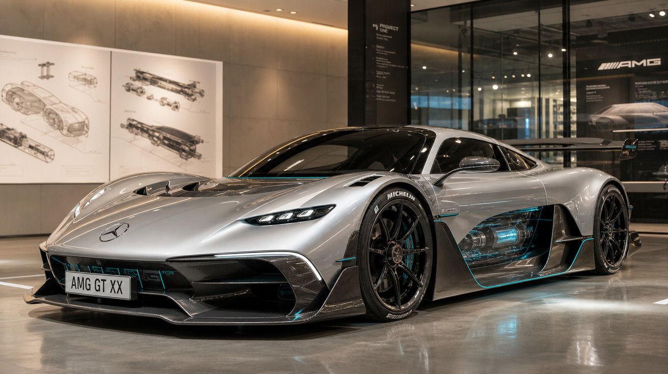 Carro desportivo Mercedes-AMG GT XX cinzento com design futurista em exposição interior moderna.