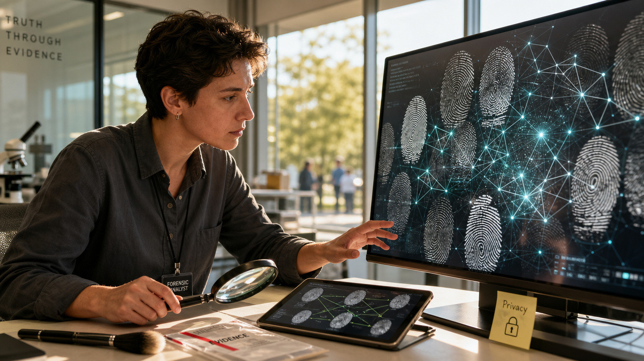 Analista forense com lupa investiga impressões digitais digitais num monitor e tablet num laboratório.