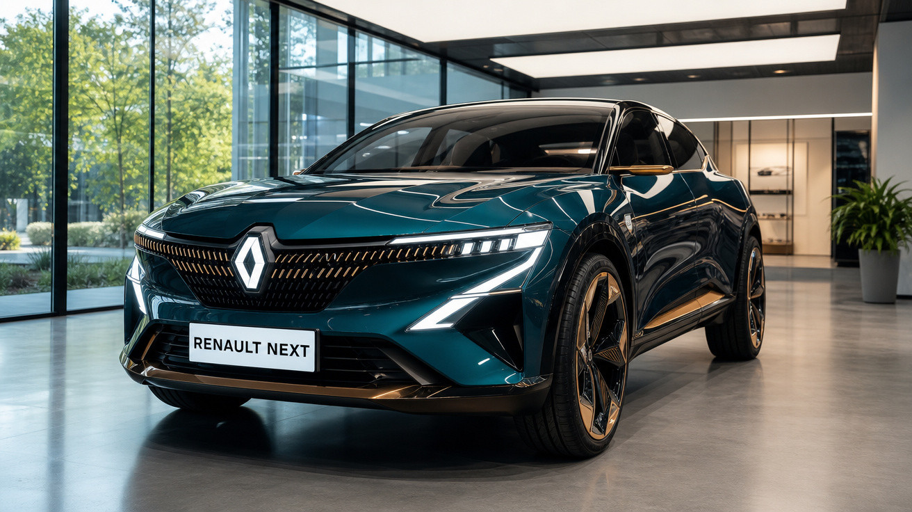 Carro elétrico Renault Next verde escuro estacionado em showroom moderno com janelas amplas.
