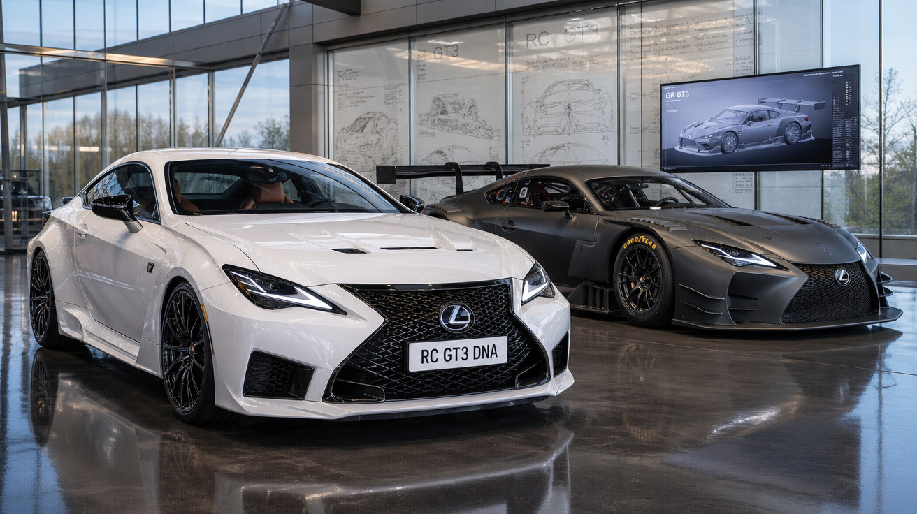 Dois carros Lexus desportivos GT3, um branco em primeiro plano e um cinza atrás, em exposição numa sala ampla e moderna.