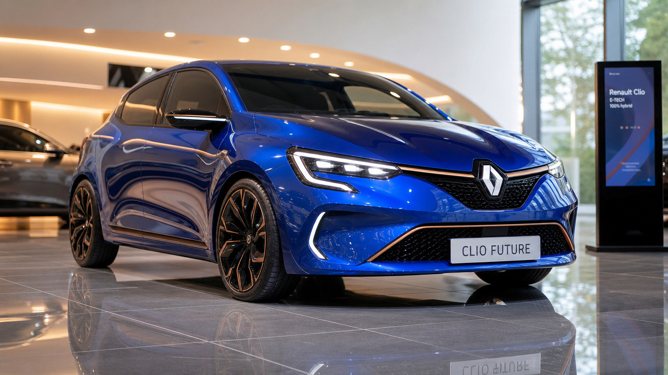 Carro Renault Clio azul elétrico exposto numa sala moderna com chão brilhante.