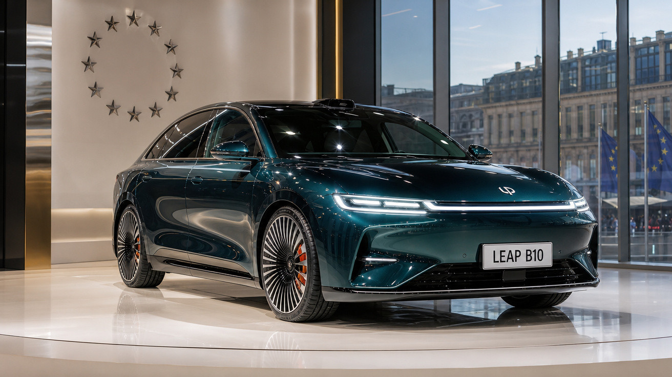 Carro elétrico LEAP B10 azul escuro exposto em ambiente moderno com decoração de estrelas na parede.