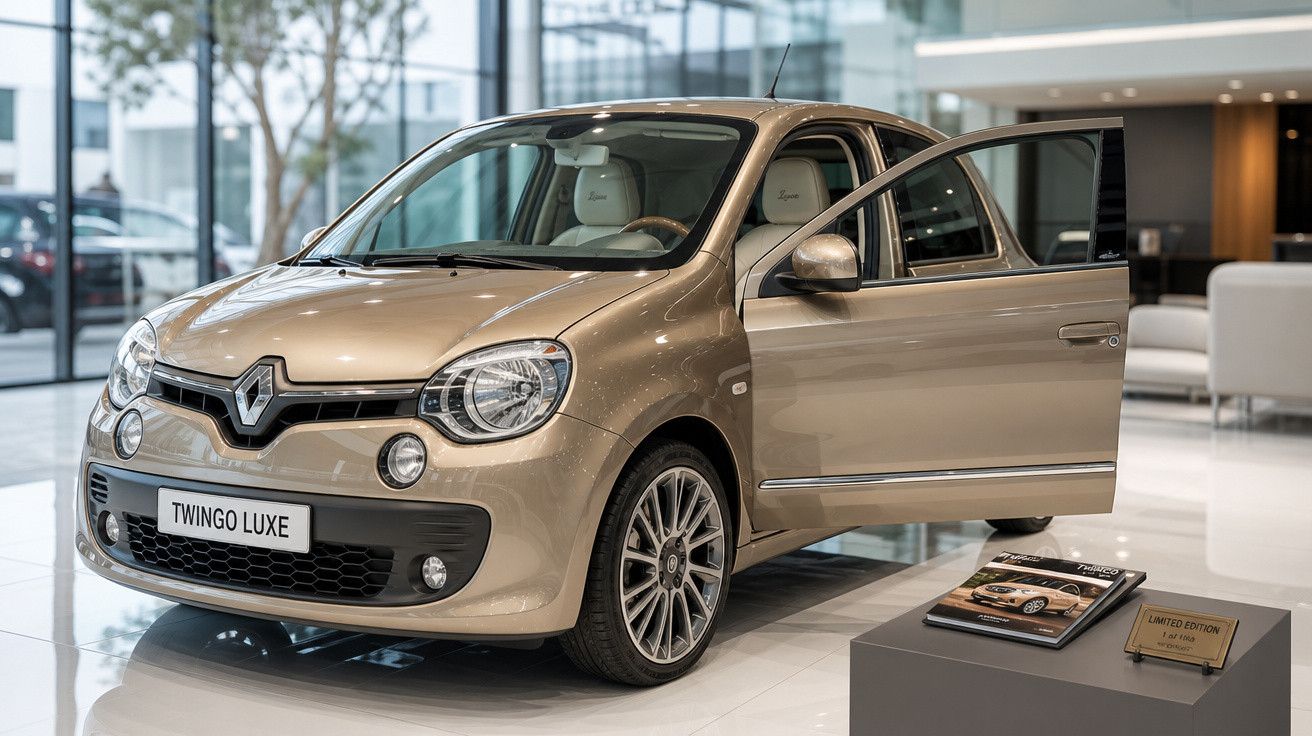 Renault Twingo Luxe dourado em exposição numa sala moderna, com porta dianteira aberta.