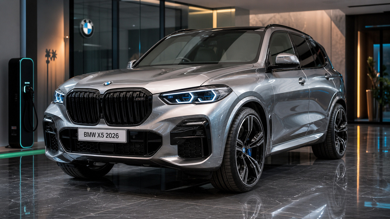 BMW X5 2026 prata estacionado num showroom moderno com painéis de vidro e pavimento refletor.
