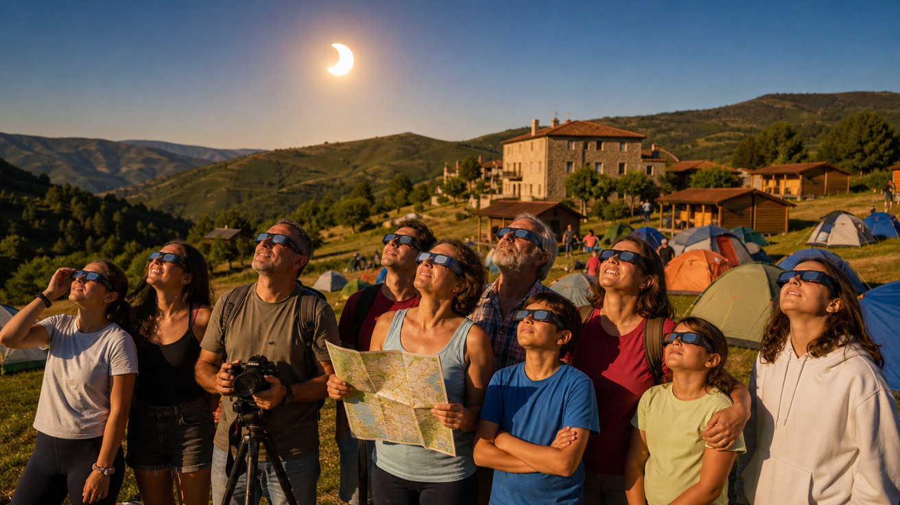 Grupo de pessoas com óculos especiais a observar eclipse solar numa área campestre com tendas e casas ao fundo.