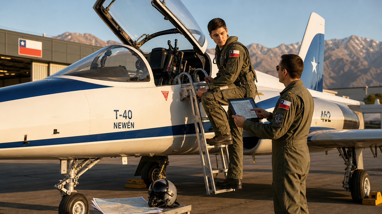 Dois pilotos militares chilenos junto a um avião de treino T-40 Newén numa base aérea com montanhas ao fundo.
