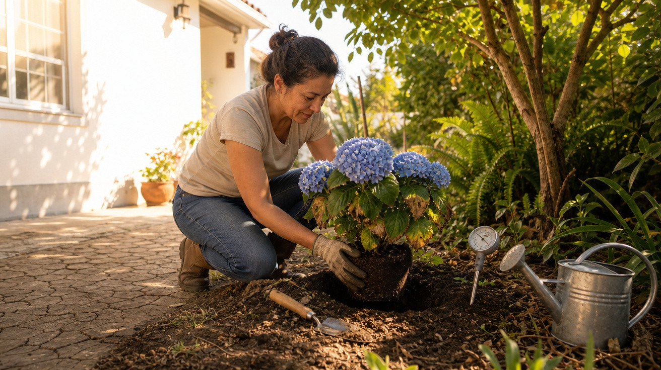 Mulher a plantar uma flor azul no jardim, rodeada por regador e ferramentas de jardinagem.