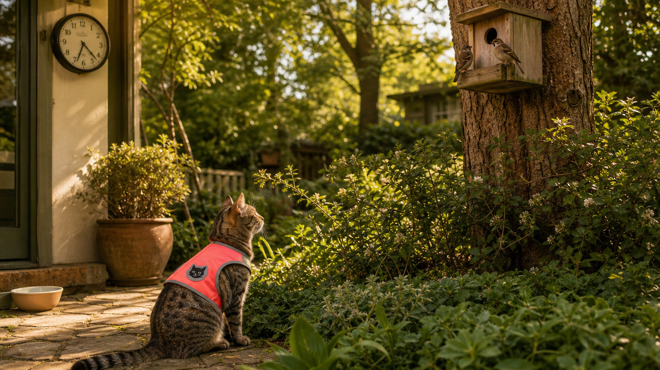 Gato com colete rosa sentado numa varanda, olhando para uma casa de pássaros numa árvore cercada por vegetação.