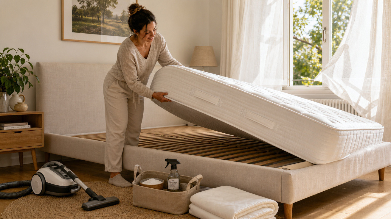 Mulher a colocar colchão e limpar base da cama num quarto iluminado com janela aberta e aspirador no chão.