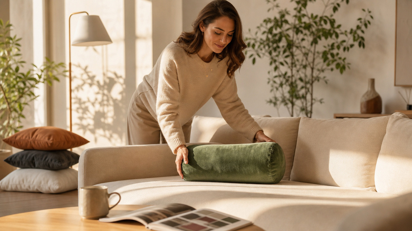 Mulher arruma almofada verde num sofá claro numa sala iluminada e decorada com plantas e almofadas.