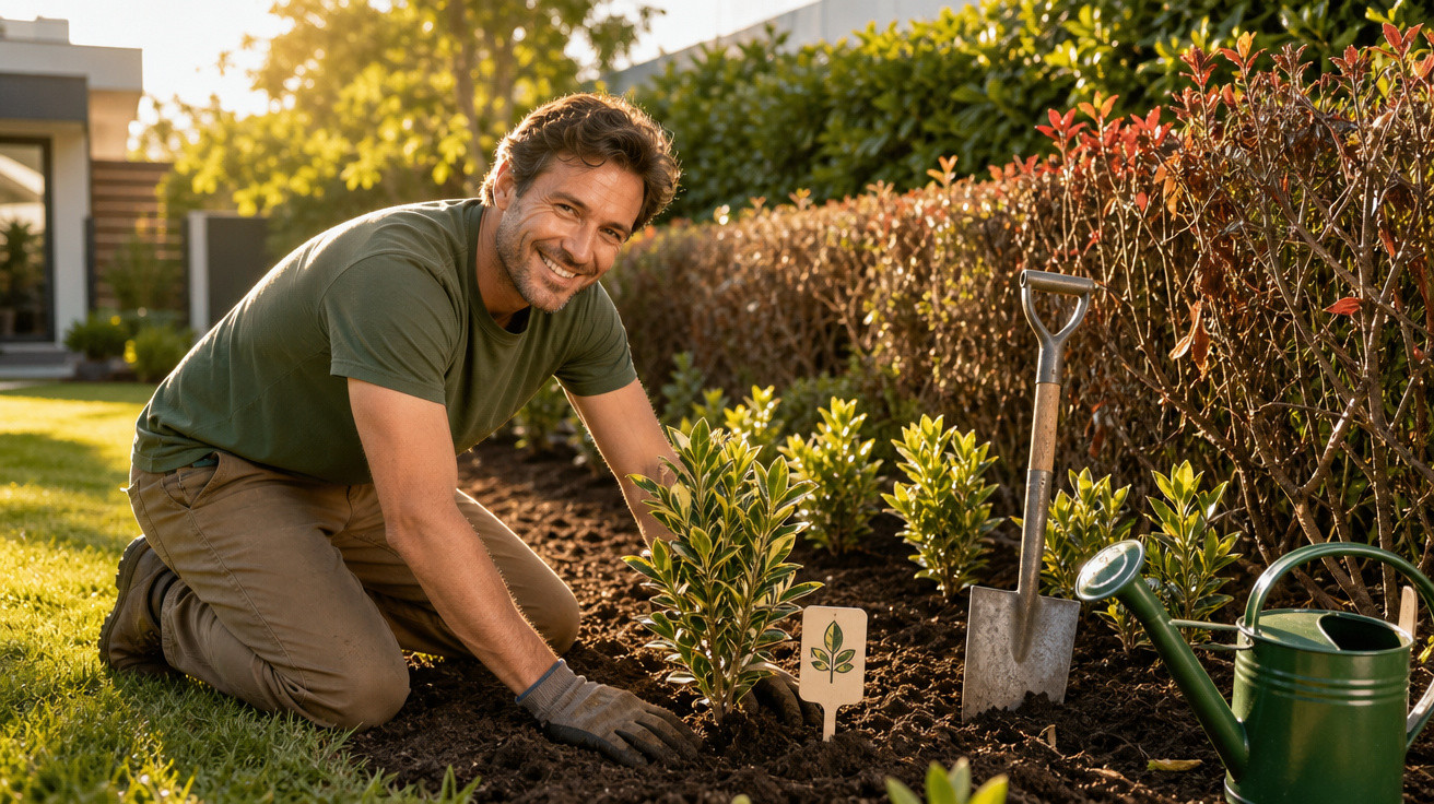 Homem a sorrir enquanto planta arbusto numa área de jardim com regador e enxada ao lado, ao entardecer.