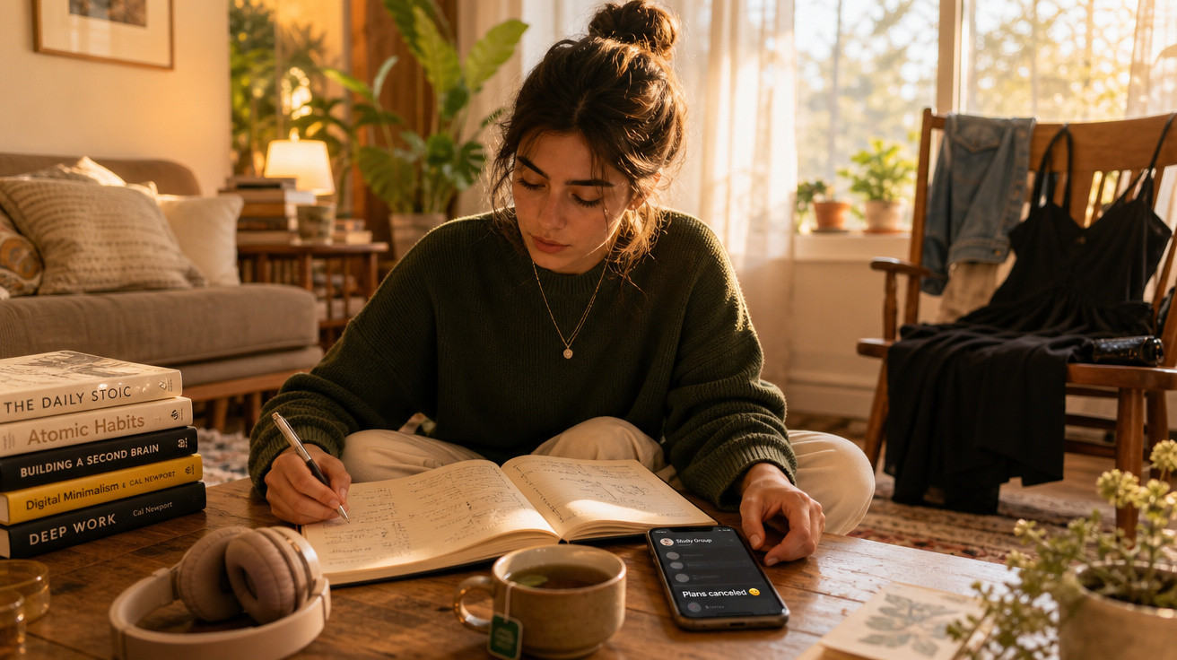 Mulher sentada no chão a estudar, escrevendo num caderno com livros, chá e auscultadores próximos.