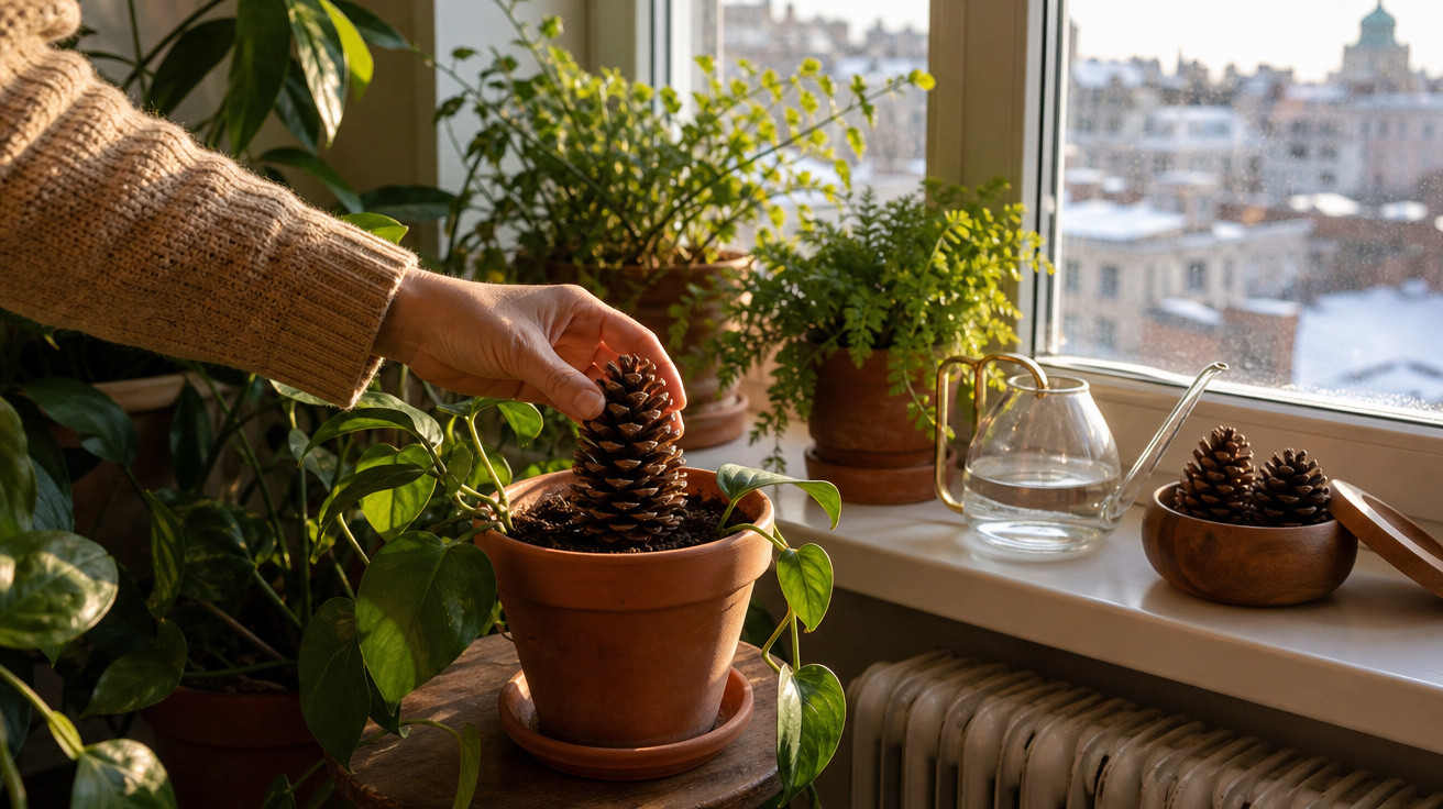 Mão a colocar pinha em vaso com planta, rodeado por outras plantas e jarra de vidro na janela ao fundo.