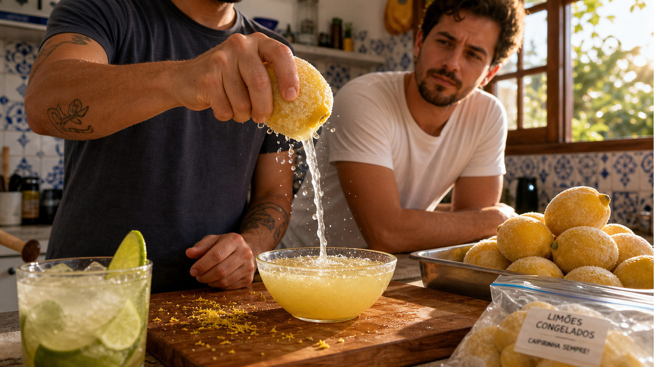 Homem espremendo limão num copo enquanto outro observa numa cozinha tradicional portuguesa.