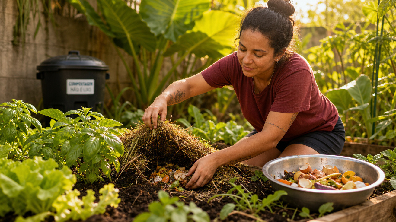 Mulher a fazer compostagem com resíduos orgânicos numa horta caseira rodeada de plantas e legumes.