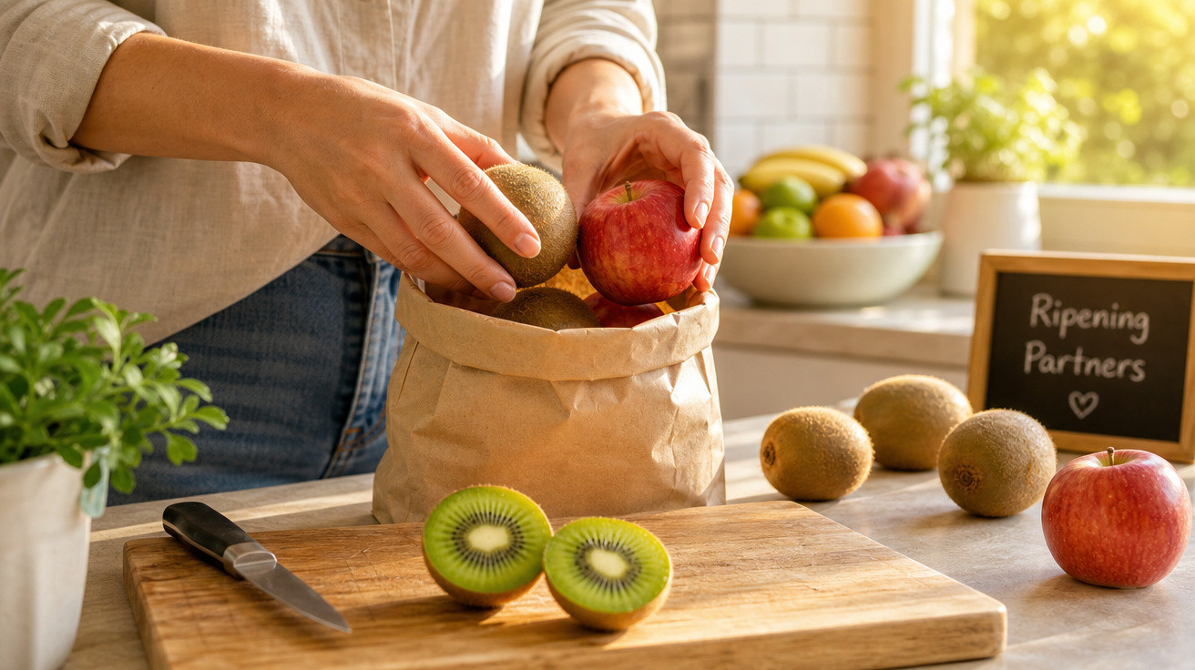 Pessoa a colocar kiwis e uma maçã num saco de papel numa cozinha iluminada, com kiwis cortados e uma faca na tábua.