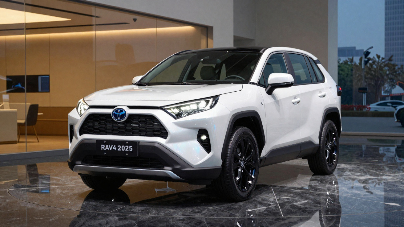 Toyota RAV4 2025 branco, SUV moderno em ambiente interior com chão espelhado e fundo urbano.
