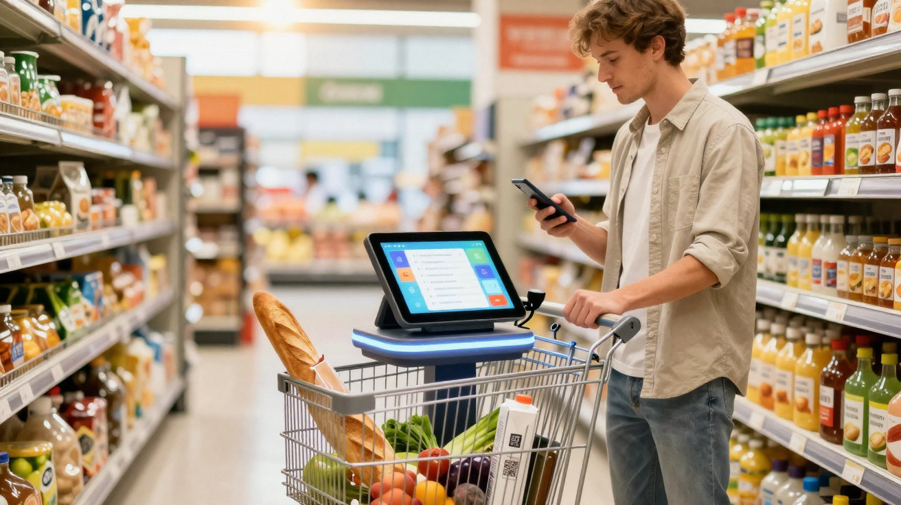 Homem a usar telemóvel enquanto faz compras num supermercado, ao lado de carrinho com alimentos variados.