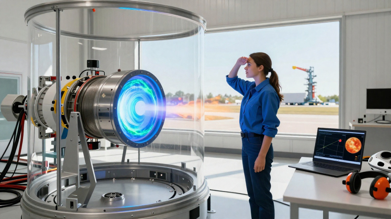 Mulher científica observa motor futurista com energia azul dentro de laboratório tecnológico moderno.
