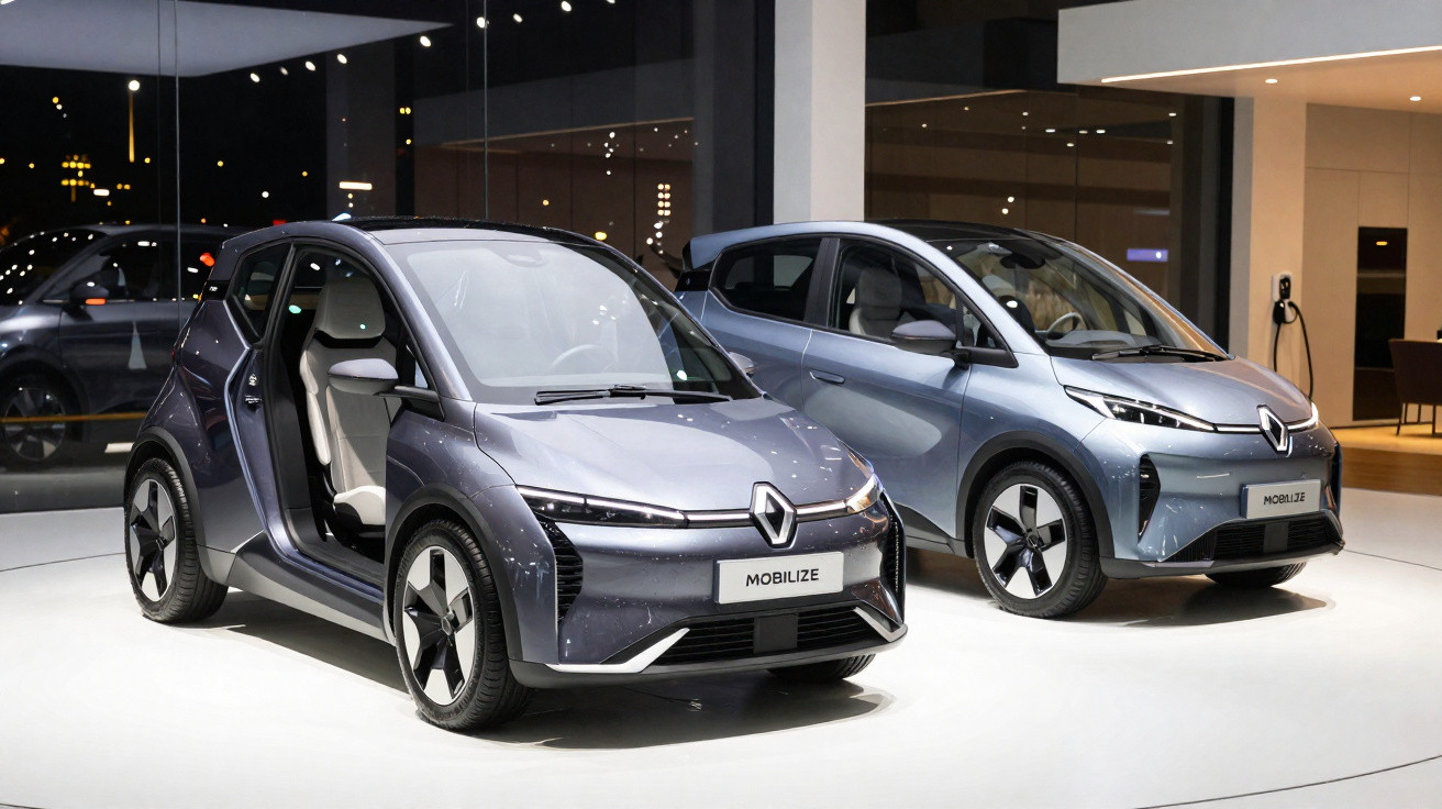 Dois carros elétricos Renault Mobilize expostos em ambiente interior com uma porta dianteira aberta.