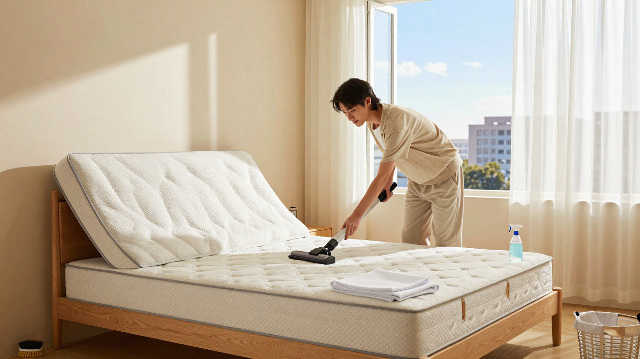 Pessoa aspira colchão branco numa cama de madeira numa divisão iluminada com janela aberta.
