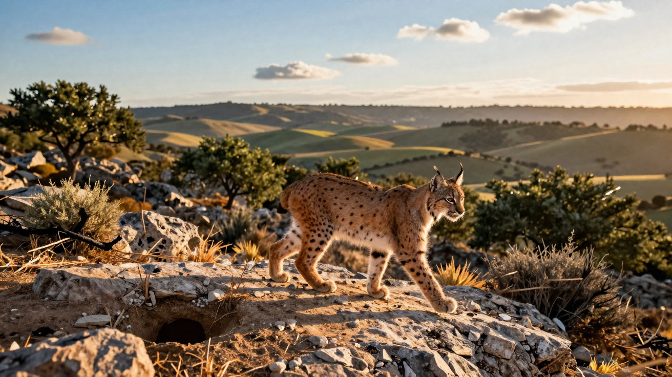Lince ibérico a caminhar em terreno rochoso com vegetação e colinas ao fundo sob luz do pôr do sol.