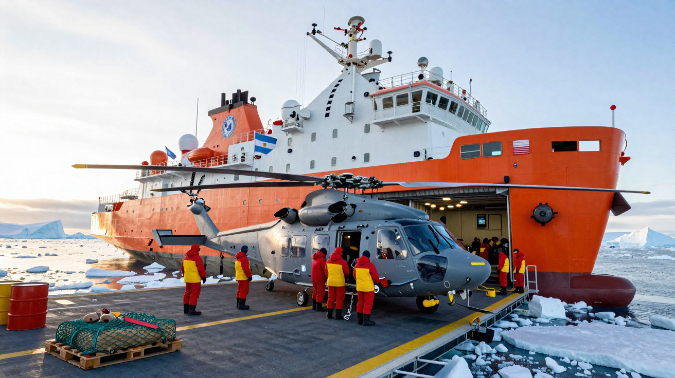 Helicóptero cinzento junto a um navio de exploração polar laranja, com pessoas em fatos térmicos vermelhos e amarelos.
