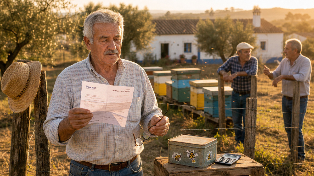 Homem envelhecido a ler carta junto a colmeias, com dois homens a conversar no campo ao fundo.